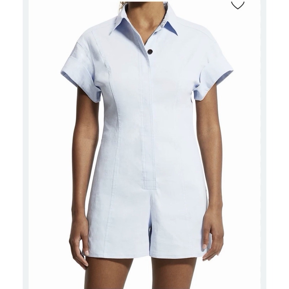 THEORY Linen Blend SHIRT ROMPER Sz 6 Pale Blue ECO CRUNCH WASH Coastal Classic